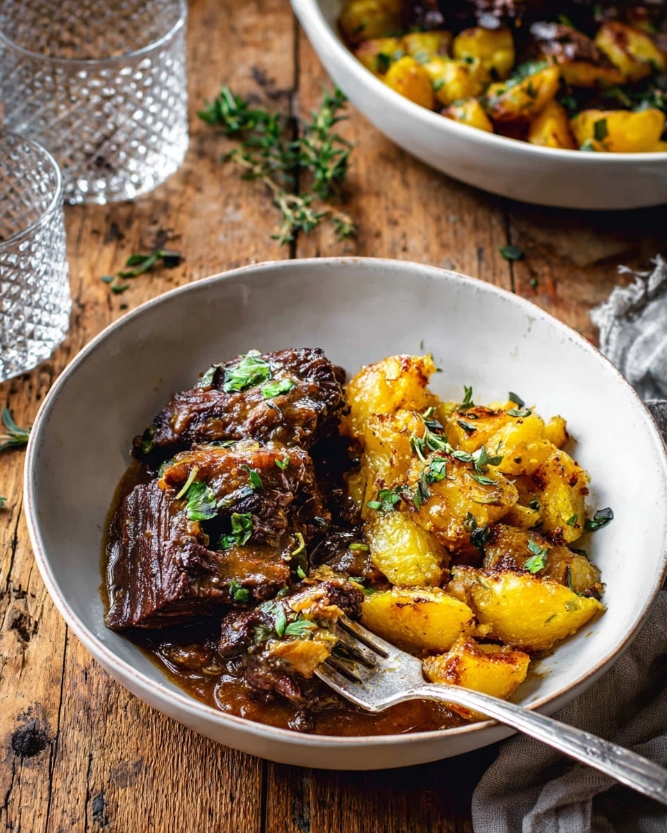 A white bowl contains two main layers: on the left, dark, tender meat pieces with a shiny sauce, topped with small green herbs, and on the right, golden crispy potato pieces with some darker browned edges, also garnished with herbs. A silver fork rests on the potato side. In the background, another white bowl is partly visible filled with more crispy golden potatoes mixed with green herbs. The setting is on a rustic wooden table with some small herb leaves scattered around, and two clear textured glasses at the top left. photo taken with an iphone --ar 4:5 --v 7