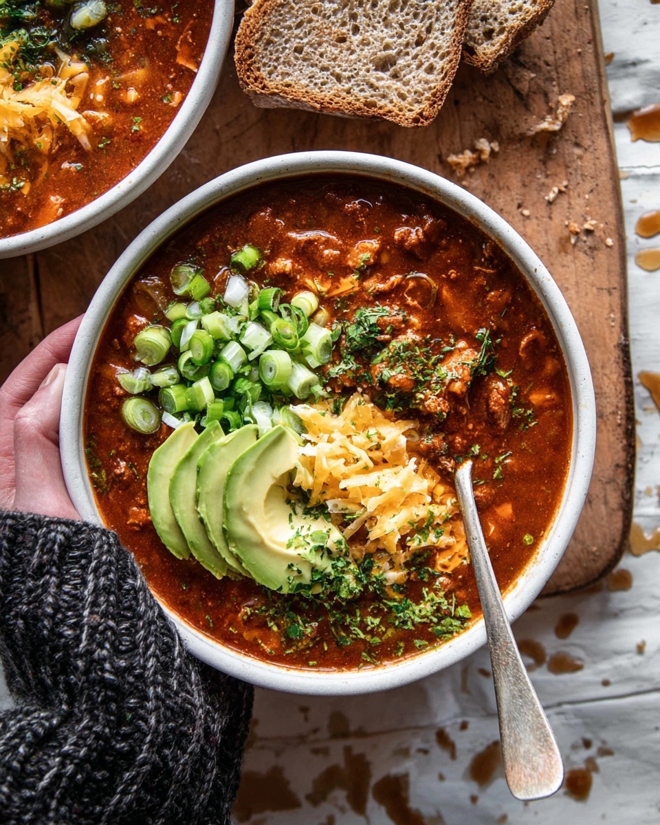 The image shows a white bowl filled with rich, thick reddish-brown chili. The chili is topped with several layers: a generous amount of chopped green onions covering most of the surface, slices of fresh avocado placed near the center, shredded orange cheddar cheese to one side, and chopped fresh green herbs sprinkled around. A silver spoon is partially dipped in the chili on the right side of the bowl. There are two pieces of buttered brown bread above the bowl on a wooden surface, with some crumbs and a drizzle of honey nearby. A woman's hand with a knitted dark sleeve is holding the bowl from the bottom. The background is a white marbled texture. photo taken with an iphone --ar 4:5 --v 7