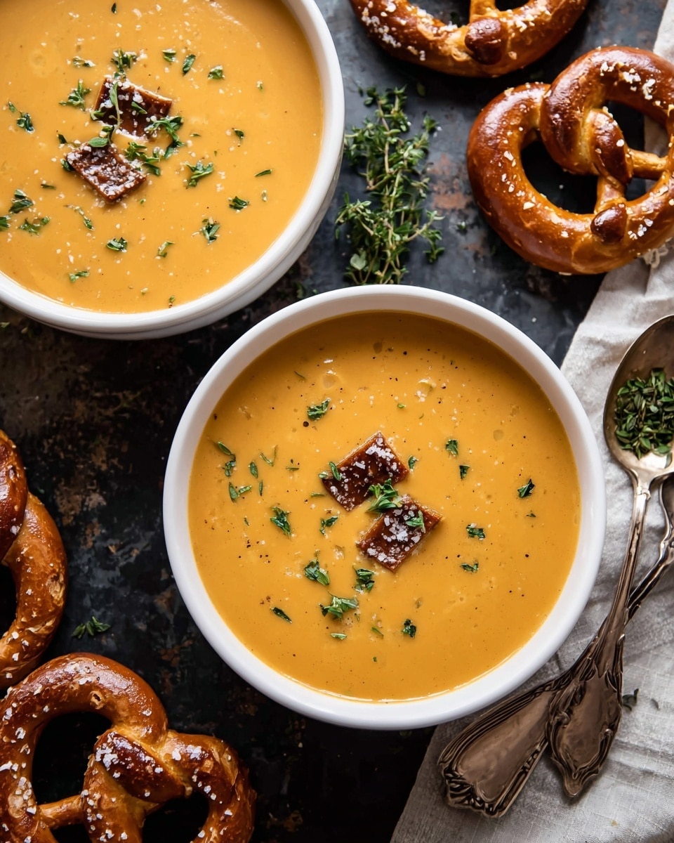 A white bowl filled with a smooth, creamy orange soup, garnished with small green herb leaves scattered on top. Two pieces of dark brown pretzel bread with coarse salt are dipped halfway into the soup, one held by a woman's hand and another piece partially submerged. Around the bowl are whole and broken pretzels with a shiny crust. The whole scene rests on a dark surface with a folded gray cloth nearby. Photo taken with an iphone --ar 4:5 --v 7