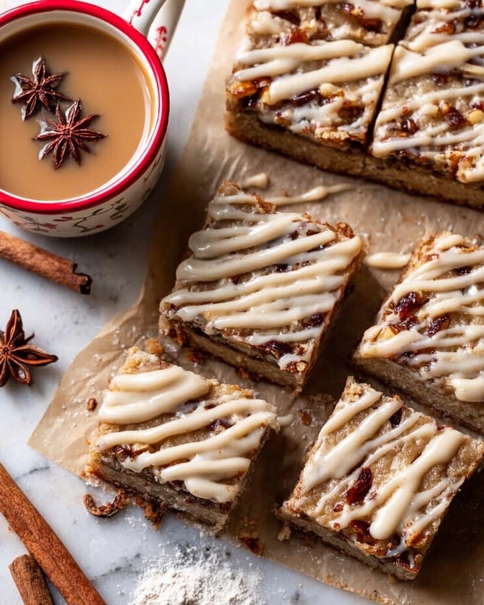 This image shows a square dessert bar with two distinct layers. The bottom layer is light brown and has a soft, cake-like texture. The top layer is darker brown with chunks of what looks like baked apple or cinnamon-spiced fruit pieces. On top of the fruit layer, there is a thick drizzle of light tan icing, applied in a zigzag pattern, creating a creamy contrast to the rough fruit texture. The dessert is placed on a piece of parchment paper over a white marbled surface, and there is a hint of another bar cut similarly just off to the side. Photo taken with an iphone --ar 4:5 --v 7