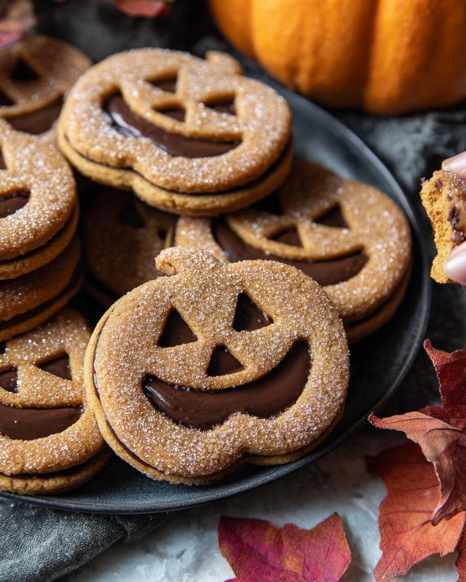 This image shows several pumpkin-shaped cookies stacked on a dark plate placed on a white marbled surface. Each cookie has two layers: the bottom layer is a smooth tan color, and the top layer is a tan cookie with cut-out eyes and a mouth shaped like a jack-o'-lantern face. The top cookie layer is coated with sugar crystals that give it a sparkly, rough texture. In between the two layers, there is a thick, shiny, dark brown chocolate filling that fills the eyes and mouth cut-outs, making them stand out. Near the plate, there is a small section of a pumpkin and a woman's hand holding one cookie at the bottom right. Some red and brown autumn leaves add color to the right side of the scene. Photo taken with an iphone --ar 4:5 --v 7