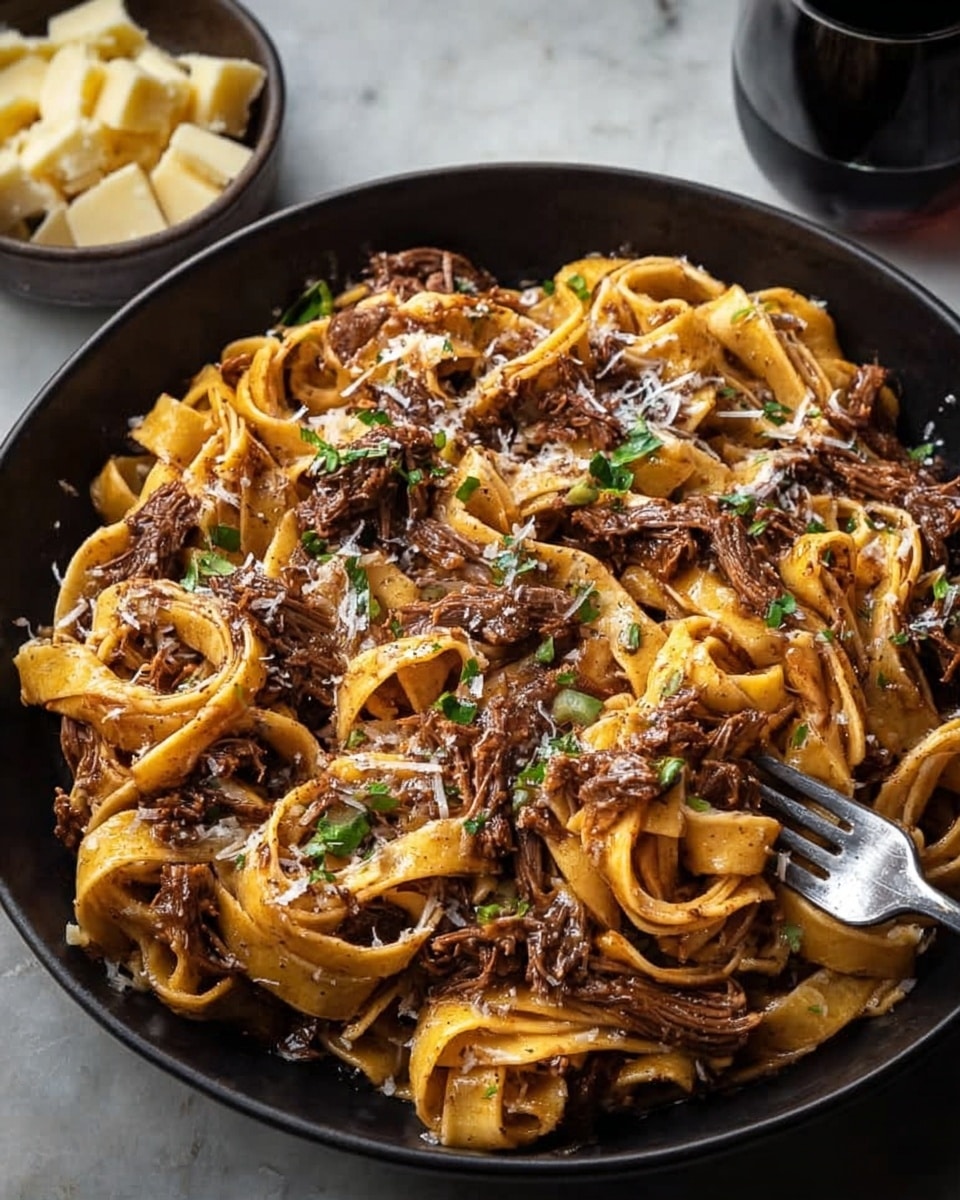The image shows a pan with three layers: at the bottom, there is a layer of light yellow fettuccine pasta, smooth and slightly curled; on top of that, a thick layer of dark brown shredded meat sauce that looks rich and chunky; scattered over the meat and pasta are small pieces of bright green chopped parsley giving a fresh touch; the pan is steel color and placed on a white marbled surface with a striped cloth beside it. photo taken with an iphone --ar 4:5 --v 7