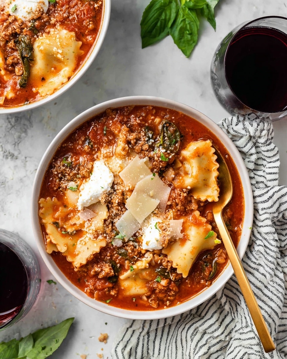 A white bowl filled with three layers of rich lasagna soup: the bottom layer is a thick, chunky red tomato broth with bits of meat and greens, the middle layer has wide, flat pasta sheets folded and mixed in, and the top layer is finished with white dollops of soft cheese and scattered thin, pale cheese shavings. A gold spoon is partially submerged in the bowl on the right side, with its handle reaching out at an angle. Around the bowl, a striped cloth napkin is placed on a white marbled surface, and there are two glasses of dark red wine near the top and a few fresh green basil leaves scattered nearby. photo taken with an iphone --ar 4:5 --v 7