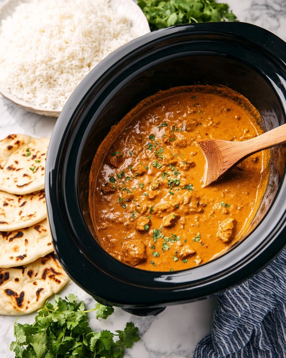 The image shows a black slow cooker filled with creamy orange curry with small chunks, and green herbs sprinkled on top, with a wooden spoon stirring the curry from the right side. Behind the slow cooker, there is a white plate full of plain white rice and some bunches of green leafy herbs, likely cilantro. In front of the slow cooker, there are pieces of white naan bread with brown grill marks, arranged on a white marbled surface with green cilantro leaves scattered around and a blue-striped cloth partially under the cooker. Photo taken with an iphone --ar 4:5 --v 7