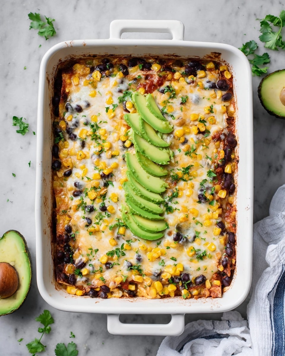A white rectangular baking dish filled with a layered casserole. The bottom layer is a creamy mixture with black beans scattered throughout. The next layer is melted white cheese that covers the whole top evenly. On top of the cheese, there is a mix of bright yellow corn and more black beans spread around. Small green herb pieces are sprinkled all over. Two corners of the dish have slices of fresh avocado arranged in a fan shape. The dish is placed on a white marbled surface with some green herbs scattered around and a halved avocado nearby. A white cloth with blue stripes is partly visible on the lower right side. Photo taken with an iphone --ar 4:5 --v 7