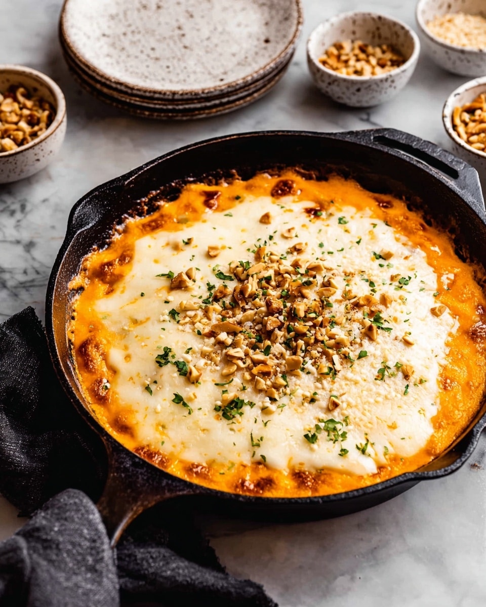 A black cast iron skillet sits on a white marbled surface holding a baked dish with two visible layers: the bottom and edges are bright orange with a smooth, slightly melted texture, likely a cheese or sauce layer, while the top is creamy white melted cheese spread evenly across the middle and edges. In the center, there is a garnish of chopped nuts and small bits of green herbs scattered on top. The skillet is surrounded by a stack of white plates with a speckled pattern and two small white bowls holding chopped nuts and another garnish. A dark gray cloth is partially visible near the skillet. Photo taken with an iphone --ar 4:5 --v 7