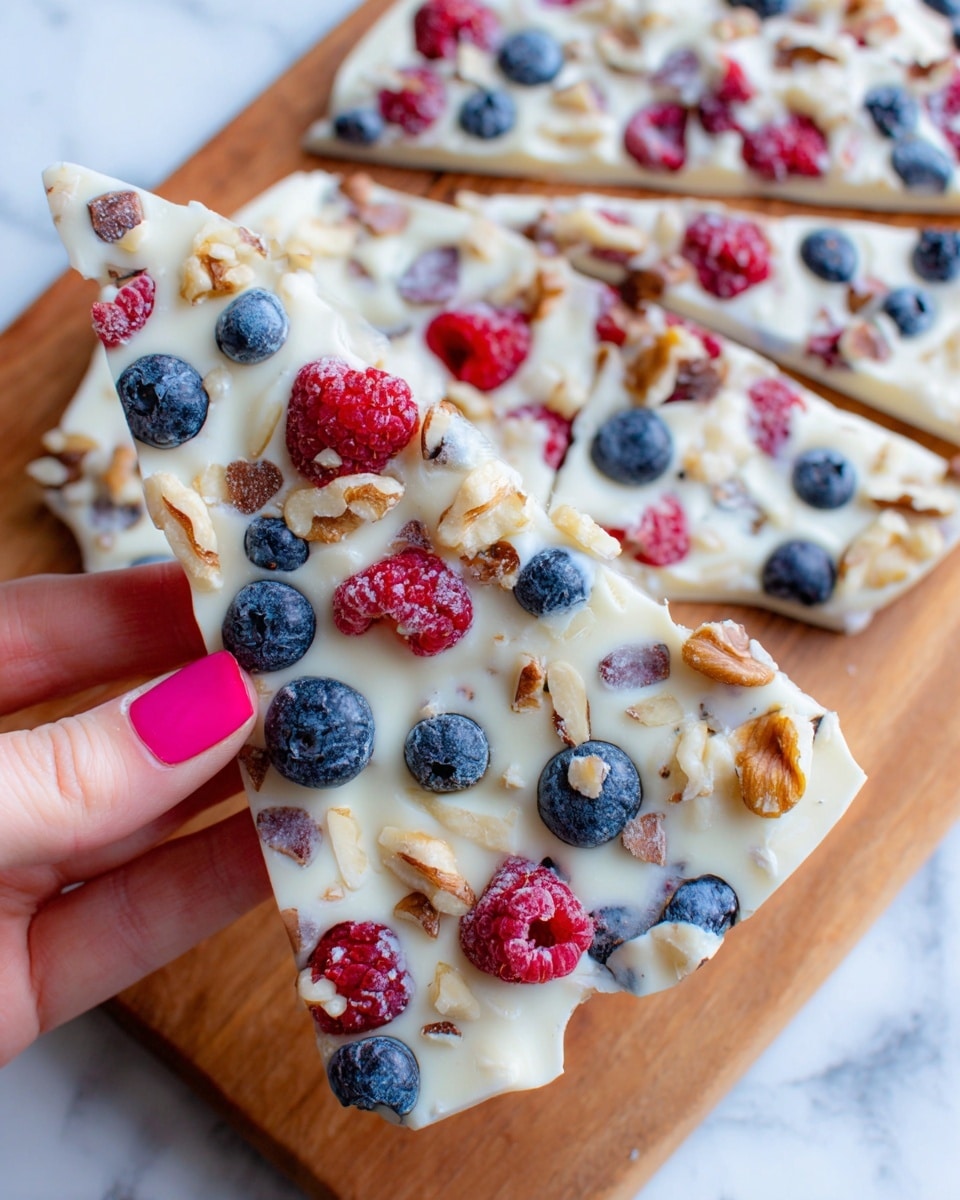 The image shows a thin white frozen yogurt bark broken into irregular pieces, with one piece held by a woman's hand with pink nail polish. The bark is filled with whole blueberries, whole raspberries, and small chunks of walnuts scattered throughout. The white yogurt base has a smooth texture, and the berries and nuts create a colorful contrast with red, blue, and light brown tones. The bark pieces rest on a wooden board placed on a white marbled surface. Photo taken with an iphone --ar 4:5 --v 7