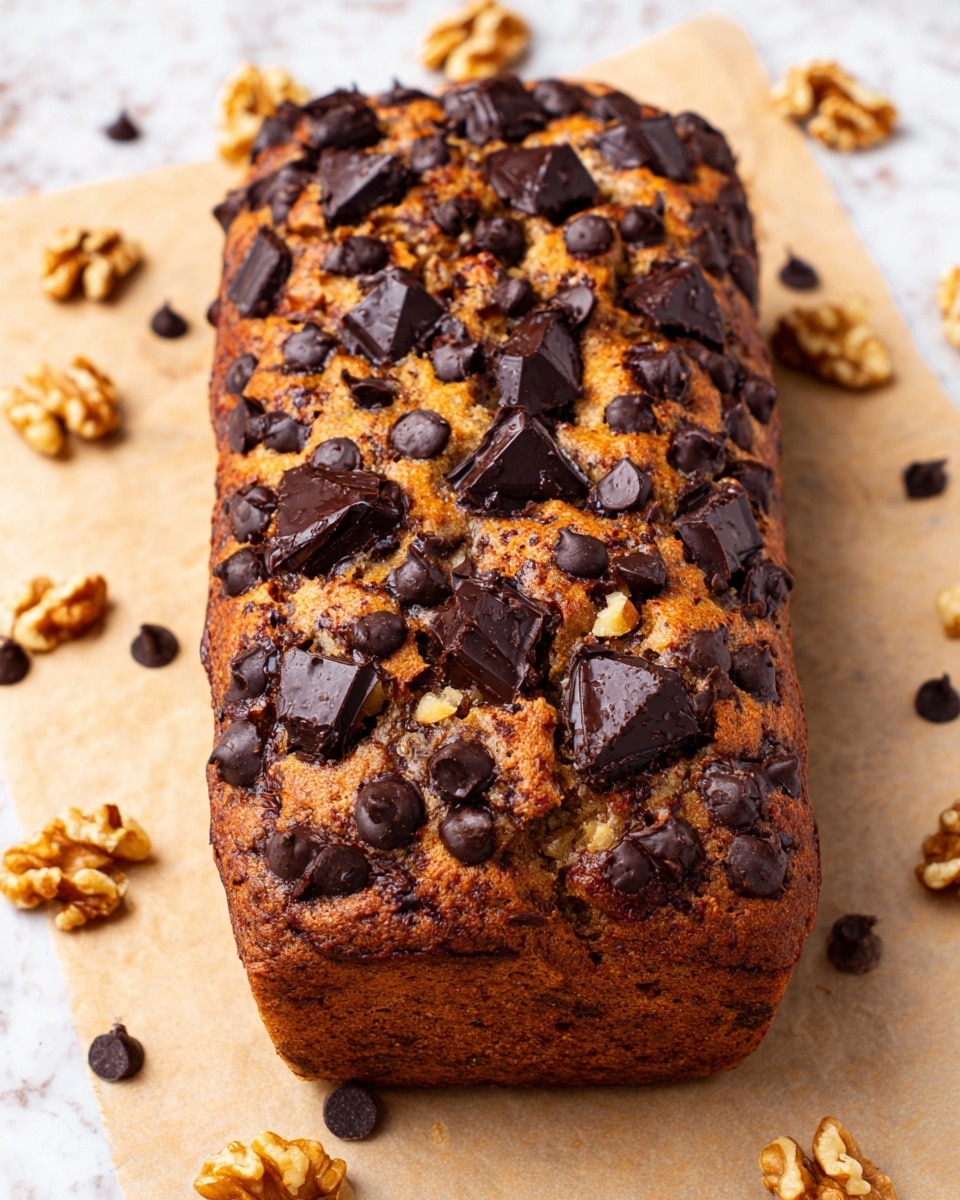 A loaf of banana bread with three slices cut from the front, showing a moist, light brown inside filled with small pieces of walnuts and chocolate chunks; the top layer of the loaf is golden brown and covered with large, dark chocolate chips and chunks. The bread is resting on light brown parchment paper, scattered with walnut pieces and extra chocolate chunks. The background is a white marbled surface. photo taken with an iphone --ar 4:5 --v 7