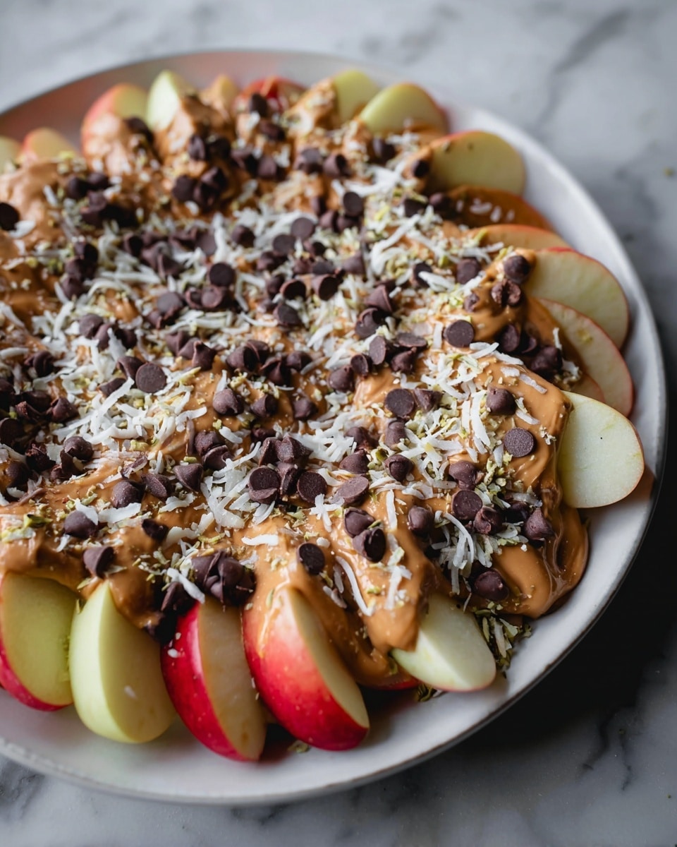 A white round plate holds thin slices of red and yellow apple arranged in a circle, creating a layered base with their smooth, shiny skin and pale flesh visible; atop the apple slices is a rich, creamy layer of brown peanut butter drizzled unevenly, followed by a generous scattering of small, round dark chocolate chips, finely shredded white coconut flakes, and tiny light green seeds that add texture and contrast across the top. The plate is placed on a white marbled surface, and some green plant leaves peek into the frame near the bottom left corner. Photo taken with an iphone --ar 4:5 --v 7