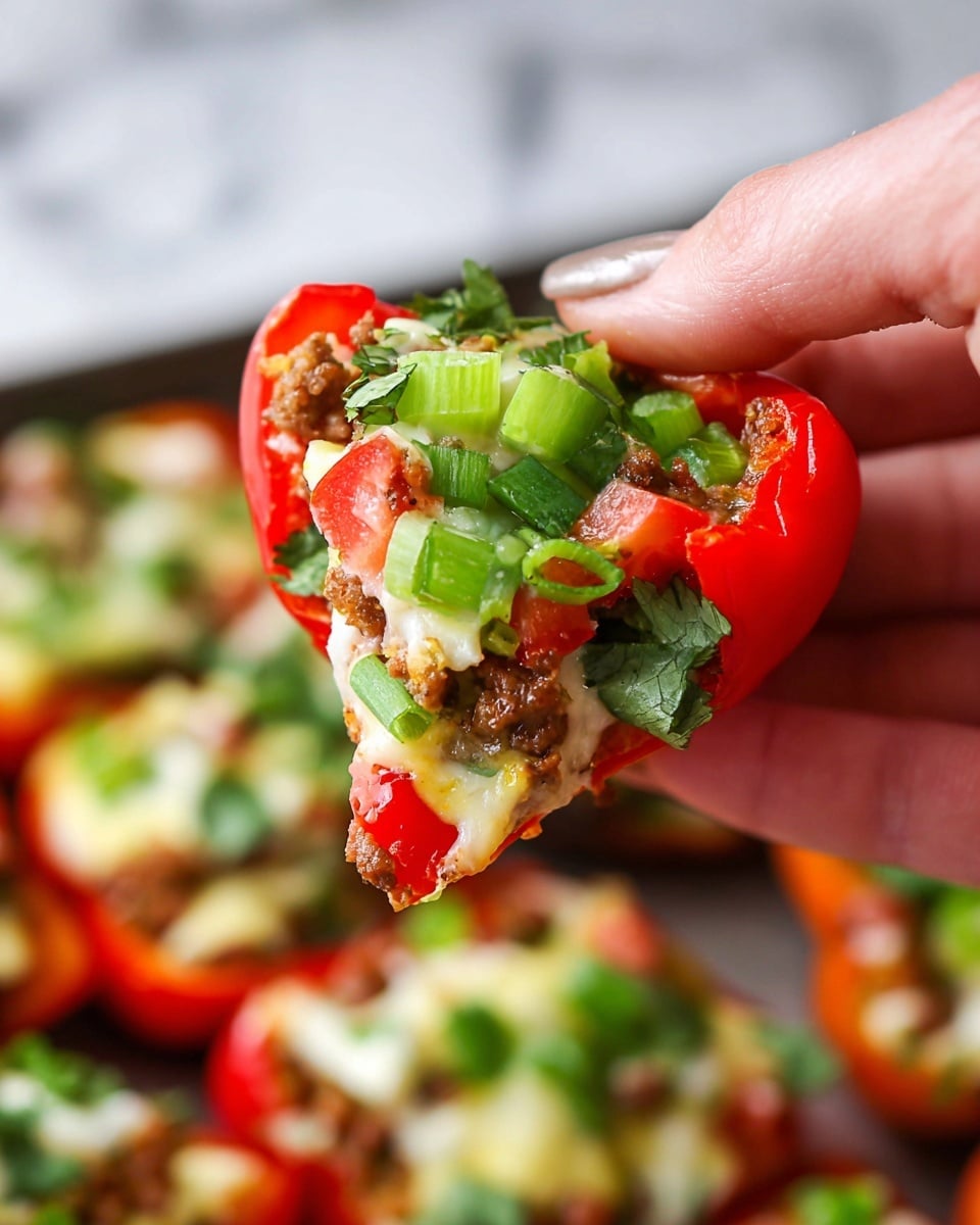 A close-up image shows a woman's hand holding a small red bell pepper boat filled with different layers. The first layer is the bright red pepper forming a small cup shape. Inside, there is a topping of green chopped herbs and green onion slices scattered on top. Below that is a melted light yellow cheese layer covering bits of browned ground meat with a slightly crispy texture. The filling is mixed with small pieces of red tomato and fresh cilantro leaves, adding a mix of red, green, and brown colors. All of this is held against a blurred background of more filled pepper boats on a white marbled surface. Photo taken with an iphone --ar 4:5 --v 7