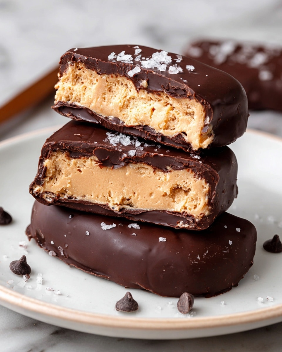 The image shows a stack of two thick chocolate-covered bars on a white plate with a white marbled surface. The bottom layer is a dark, smooth, and glossy chocolate coating. The top layer consists of a creamy, light tan filling with a slightly rough texture, visible from the two bars that are halved, showing the filling inside. There are small flakes of white salt sprinkled on the top chocolate layer and plate. Around the plate's edge, a few dark chocolate chips are scattered. Photo taken with an iphone --ar 4:5 --v 7