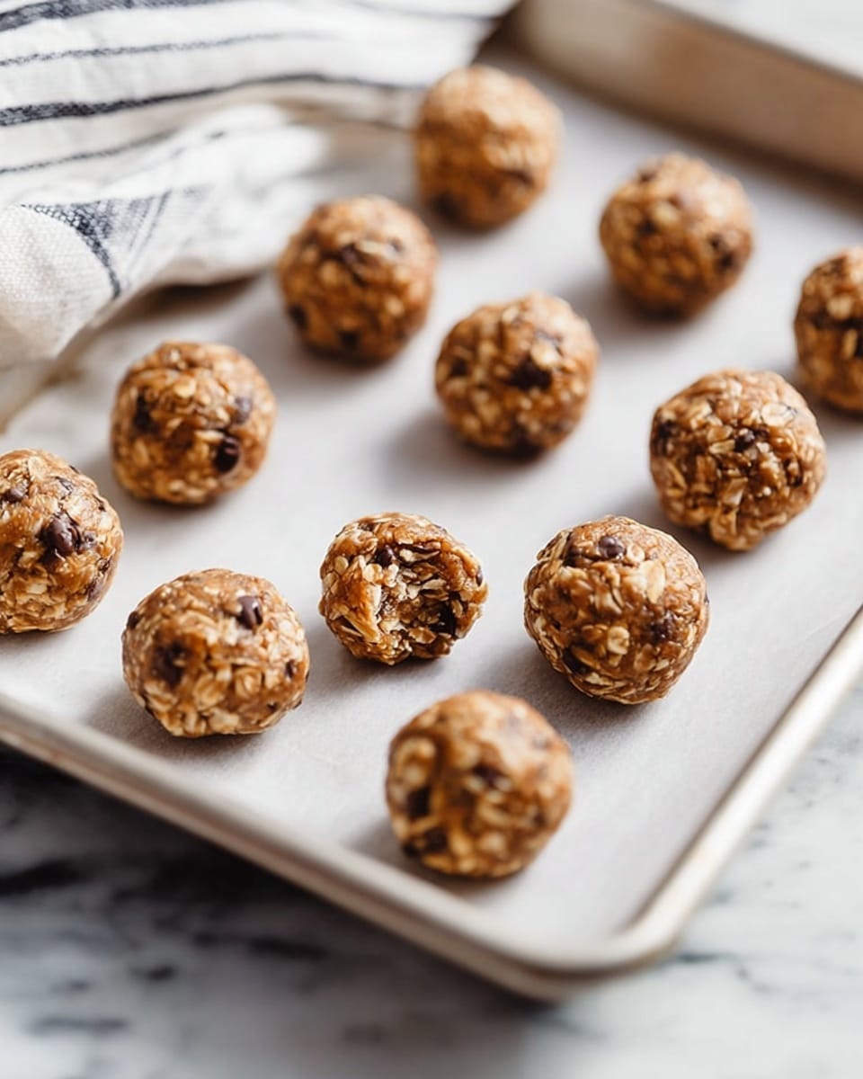 The image shows a silver baking tray lined with white parchment paper on a white marbled surface. On the tray, there are eleven round energy balls arranged in rows. Each ball has a light brown color with visible bits of oats and chocolate chips, giving a textured and chunky look. One energy ball near the center has a bite taken out of it, revealing a dense, chewy inside with oats and chocolate pieces clearly visible. A woman's hand is not visible but implied by the bit taken. In the background, a white cloth with black stripes is partly seen at the top left corner. photo taken with an iphone --ar 4:5 --v 7