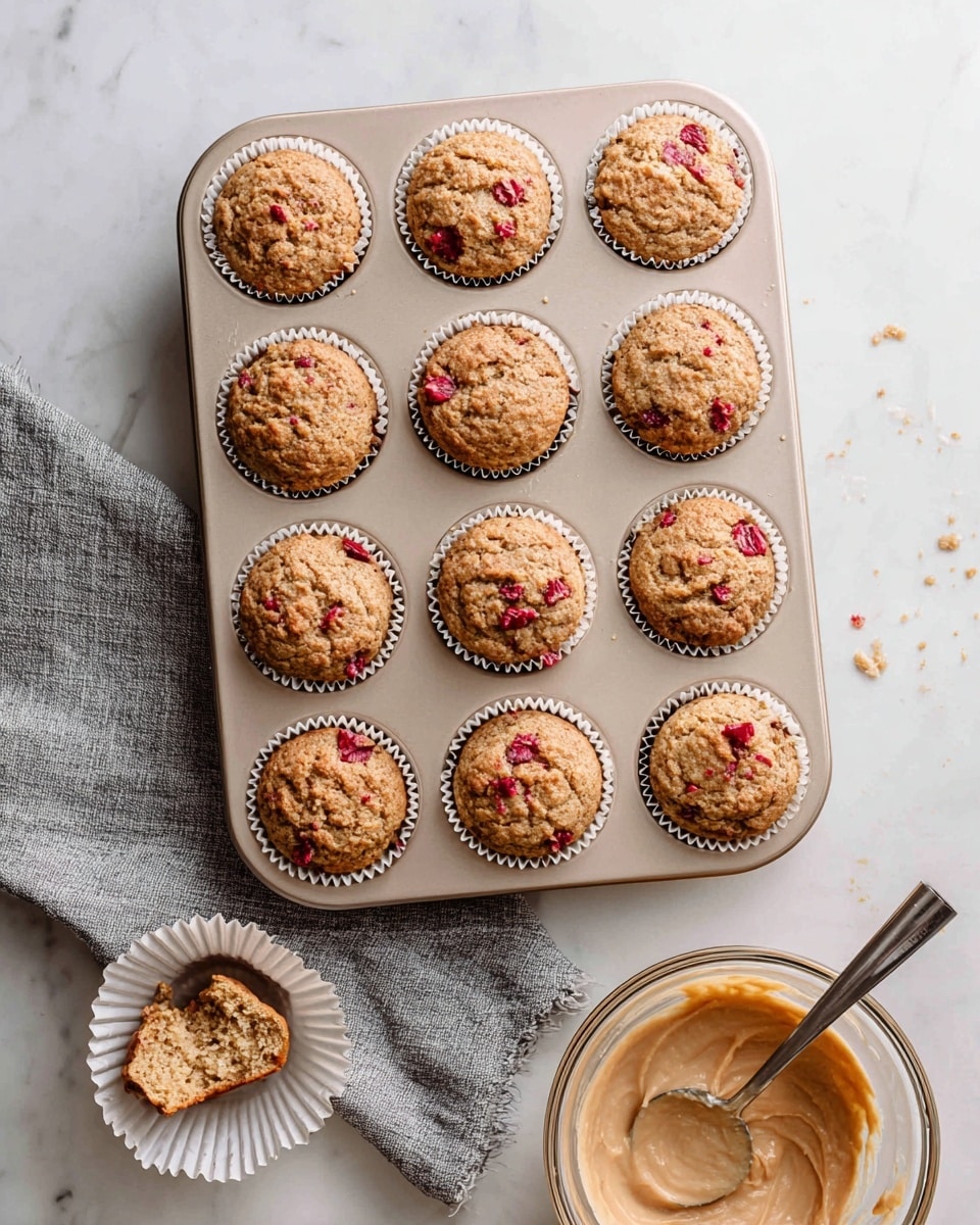 A group of muffins with bits of red fruit are shown on a white marbled surface, some inside white paper liners in a round basket lined with light brown parchment paper, and one muffin is split open with a smooth light brown spread being applied from a butter knife lying nearby, alongside a small white bowl filled with the same spread and an empty white paper liner. photo taken with an iphone --ar 4:5 --v 7