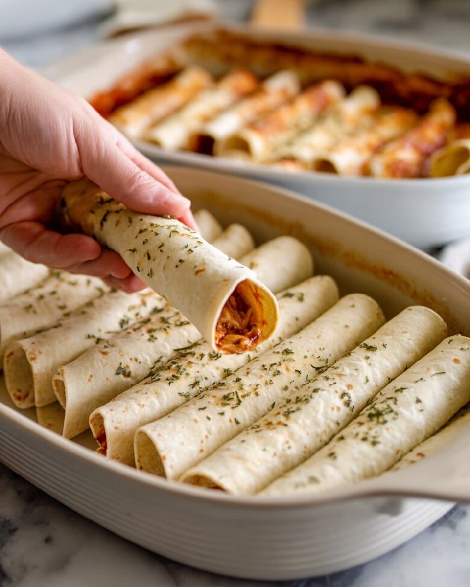 A white baking dish filled with evenly arranged rolled tortillas, each sprinkled with dried herbs, resting on a white marbled surface. One woman's hand is lifting a single rolled tortilla, showing a close-up of the soft beige tortilla outer layer with a visible light brown and slightly saucy filling inside. Behind the front dish is a similar baking dish also filled with rolled tortillas. The scene is warm and inviting with soft lighting. Photo taken with an iphone --ar 4:5 --v 7