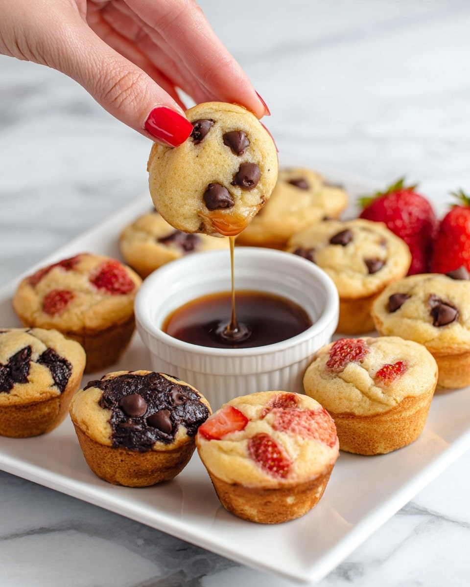 A white square plate on a white marbled surface holds many small round muffins in two varieties: some with dark chocolate chips and others with pieces of red strawberry embedded in their light golden-baked tops. In the center of the plate is a small white ramekin filled with a brown syrup. A woman's hand with red polished nails holds one chocolate chip muffin above the ramekin, with syrup dripping from the muffin back into it, creating a thin stream. Photo taken with an iphone --ar 4:5 --v 7