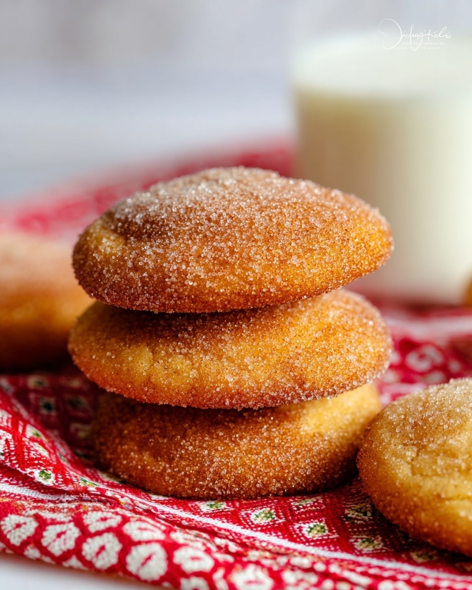The image shows a stack of five round pastries with a golden-brown color, each coated in sugar granules giving a sparkly texture. The top pastry has a bite taken out of it, revealing two layers: a soft, light beige dough layer on top and a thick, dark amber filling inside. The edges of the pastries are slightly crimped with a scalloped pattern. The pastries sit on a white marbled surface with a glimpse of a red and white checkered cloth underneath. The photo taken with an iphone --ar 4:5 --v 7