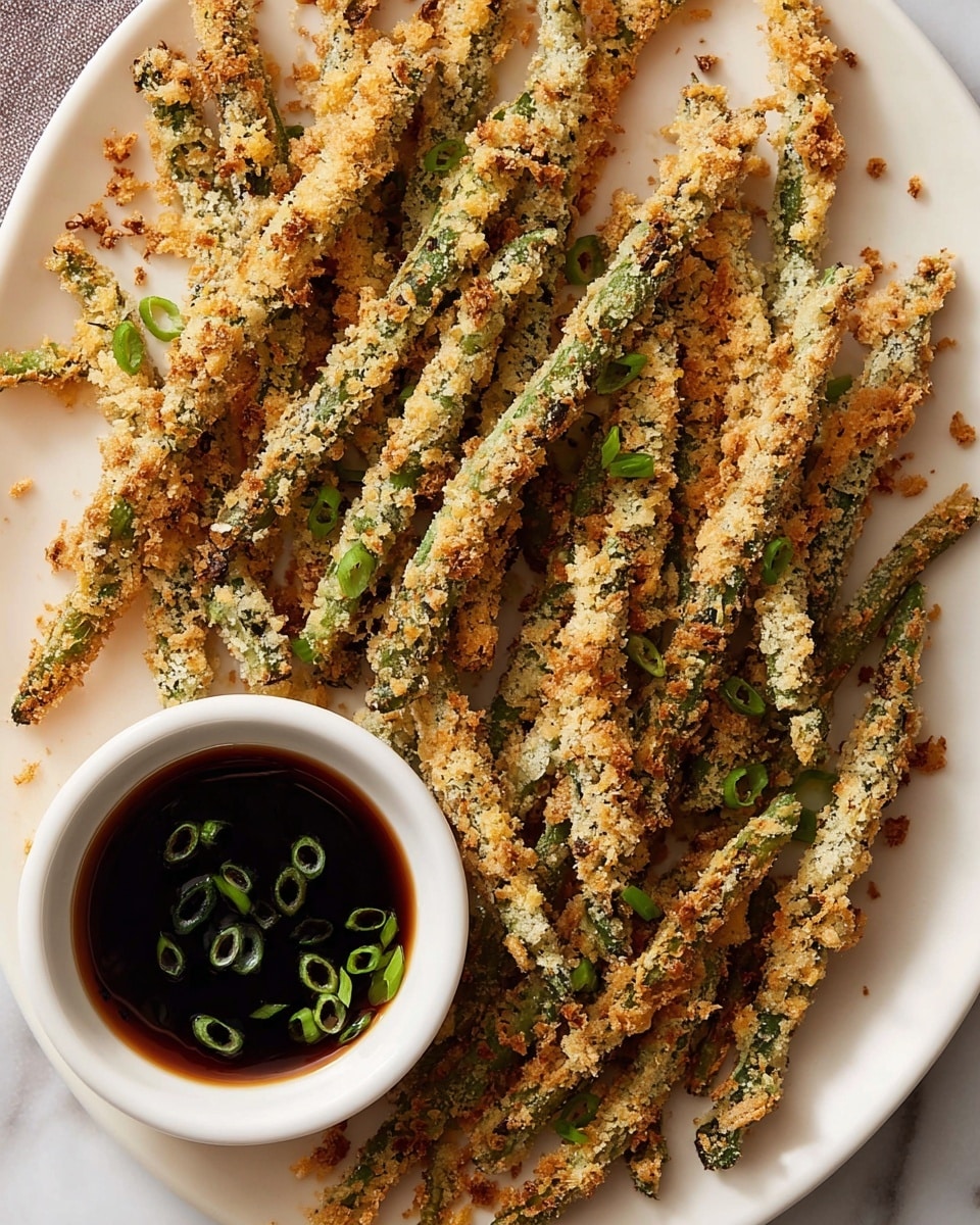 The image shows a white plate filled with crispy baked green beans coated in a light golden, crunchy breadcrumb layer, each bean long and evenly breaded with green edges visible beneath the crumbs. Next to the green beans on the plate is a small white bowl filled with dark soy sauce-like dip, topped with thinly sliced green onions floating on the surface. The crumbs scatter slightly around the plate, all placed on a white marbled surface. photo taken with an iphone --ar 4:5 --v 7