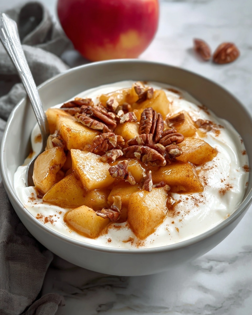 A white bowl filled with a thick layer of creamy white yogurt, topped with a generous amount of golden-brown cooked apple pieces that have a shiny, slightly caramelized look. Mixed in with the apple chunks are medium-sized pecan halves, adding texture and a rich brown color. There is a light dusting of cinnamon or similar spice on top, giving the dish a warm tone. A silver spoon rests inside the bowl, and the bowl is placed on a white marbled surface with a blurred red apple and a gray cloth in the background. Photo taken with an iphone --ar 4:5 --v 7