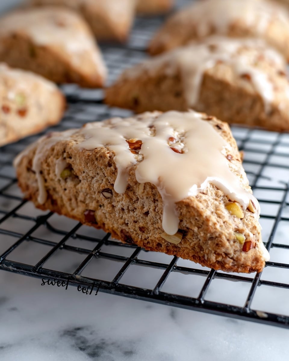 The image shows a close-up of a triangular scone on a black wire cooling rack. The scone has a rough, brown textured surface with small pieces of what looks like nuts or fruit inside. A thick, creamy light brown glaze is spread on the top, slightly dripping down the sides. More scones with the same glaze are seen in the background. The rack is on a white marbled surface. The word
