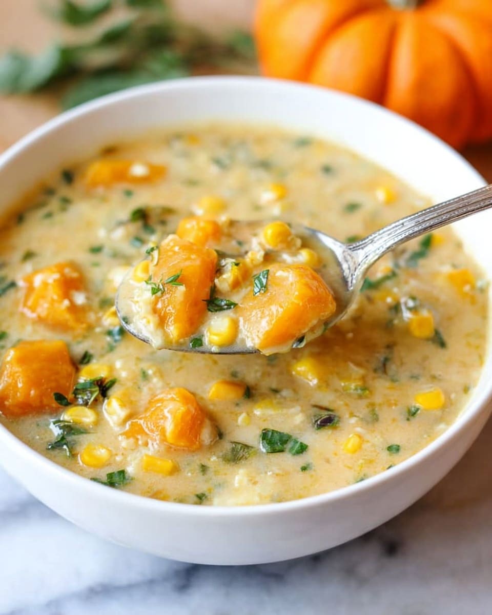 The image shows a white bowl filled with a creamy soup that has chunks of yellow squash and green herbs on top. The soup looks thick and creamy with small bits of vegetables visible inside. The bowl is placed on a yellow cloth, and there are two small pumpkins, one white and one orange, blurred in the background. The surface under the bowl is white with a marbled texture. photo taken with an iphone --ar 4:5 --v 7