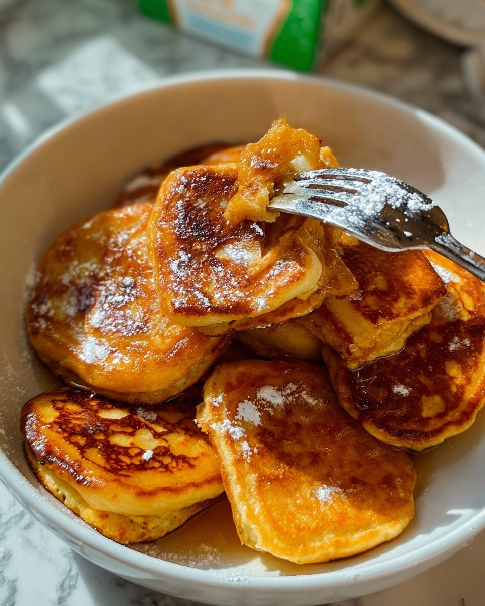 The image shows a white bowl filled with several golden-brown small square pancakes stacked in a pile. Each pancake has a slightly crispy and browned surface with some darker spots, indicating they are cooked well. A fork is pressing into the top pancake, showing its soft and thick texture. The pancakes have a shiny glaze on top, likely from syrup, and some powdered sugar is sprinkled lightly around the edges. The bowl sits on a white marbled surface, with part of a green and white carton visible in the background. photo taken with an iphone --ar 4:5 --v 7