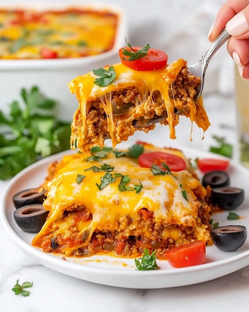 A white plate with a layered dish showing three main layers: a bottom layer of soft ground meat mixed with red sauce, a middle layer of melted cheese that is bright orange with a stretchy texture, and a top layer of more melted cheese, golden and bubbly. The dish is garnished with chopped red tomatoes, black olive slices, and green herbs. A woman's hand with a fork holds a large cheesy bite above the plate, showing the layers stretching. Behind the plate is a white baking dish filled with the same cheesy layered dish. The background is a white marbled surface with some fresh green herbs and a glass of iced tea nearby. Photo taken with an iphone --ar 4:5 --v 6.1