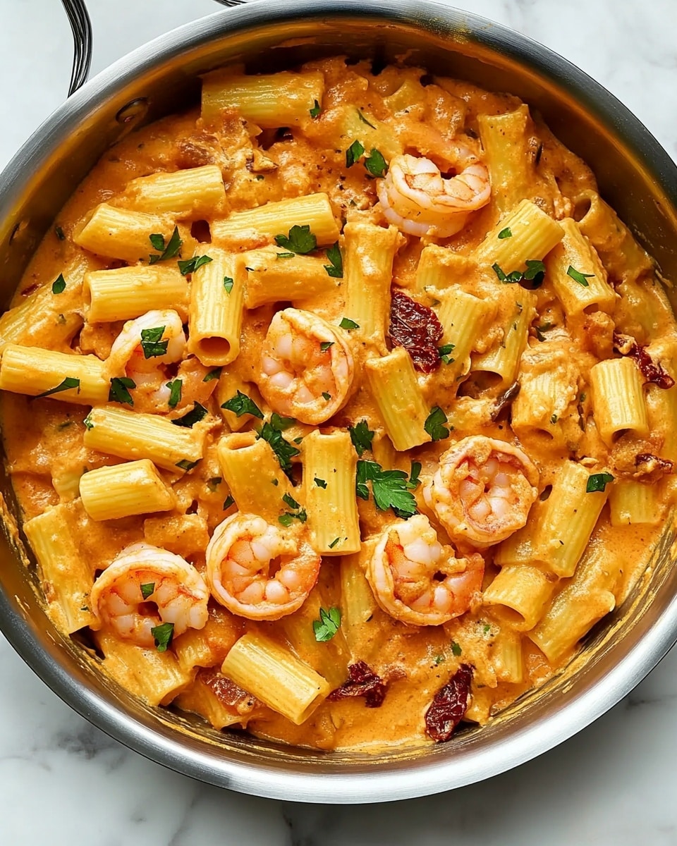 A large silver pan filled with creamy orange pasta that is thick and tube-shaped, mixed evenly with whole cooked shrimp that are pink with tails on. Small pieces of green herbs are scattered on top, adding fresh color. There are also bits of what looks like sun-dried tomatoes, providing a darker red contrast throughout the dish. The pan sits on a white marbled surface, and the pasta sauce looks rich and smooth, coating every piece well. Photo taken with an iphone --ar 4:5 --v 6.1