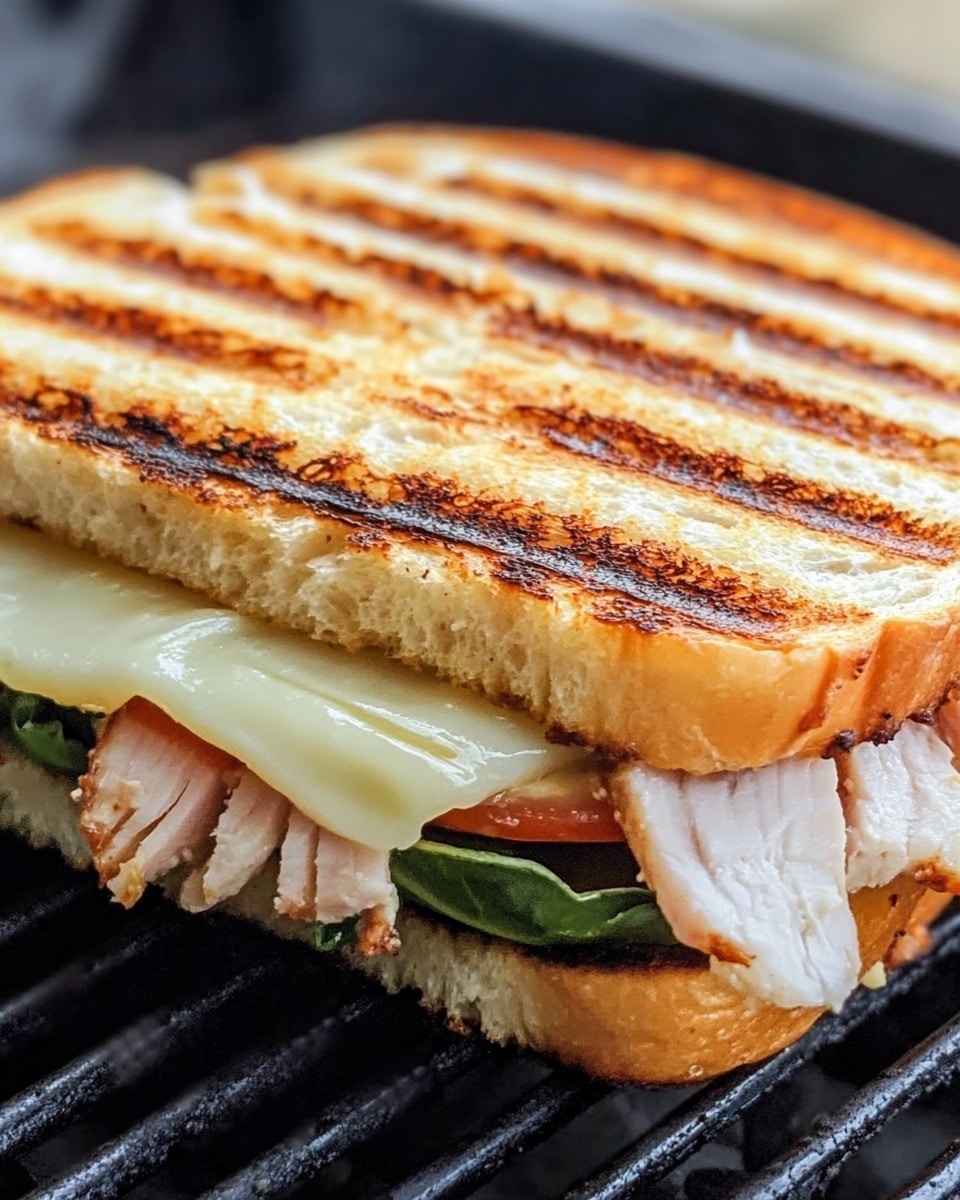 A toasted sandwich with grilled golden brown bread showing clear grill lines on top, revealing three visible layers inside: a layer of melted white cheese just under the bread, thin slices of light-colored meat with red seasoning in the middle, and green leafy vegetables at the bottom. The sandwich sits on a grill with black ridges in the background. photo taken with an iphone --ar 4:5 --v 6.1