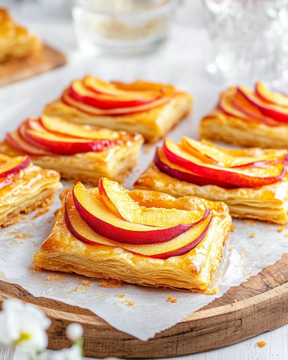 The image shows several rectangular pastries made of golden, flaky puff pastry as the bottom layer. On top of each pastry, thin slices of peaches are arranged in overlapping rows, forming the second layer with bright orange and red edges. The pastries are placed on white parchment paper over a round wooden board. Small white flowers are scattered near the pastries, adding a soft decorative touch. The background features a white marbled texture with blurred glassware and additional pastries in the distance, giving a clean and bright look. Photo taken with an iphone --ar 4:5 --v 6.1