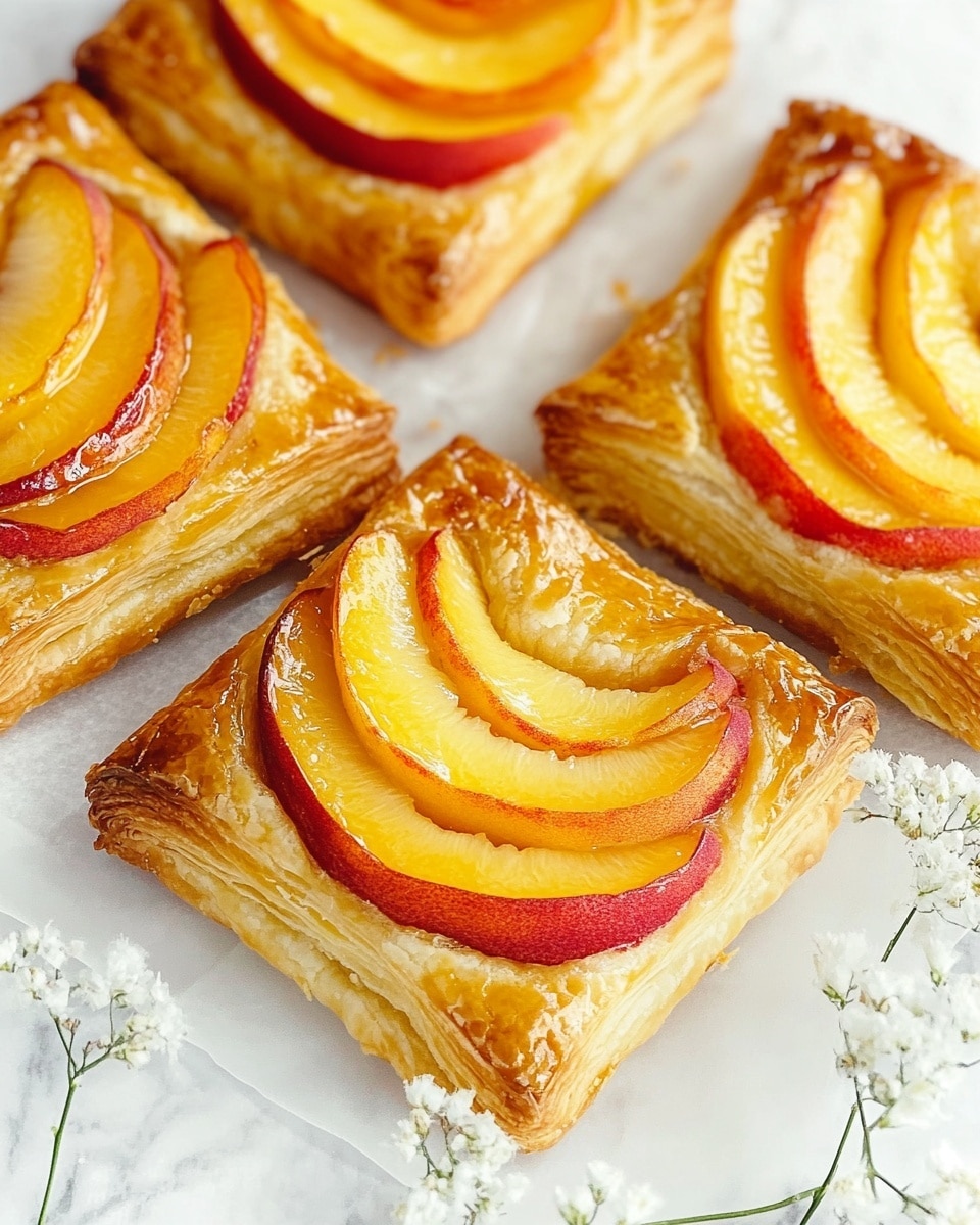 The image shows several rectangular peach puff pastries arranged on white parchment paper over a round wooden board on a white marbled surface. Each pastry has a golden flaky crust with thin slices of yellow and red peaches layered in a neat row on top. There is a small white bowl with golden honey next to the board, along with a honey dipper lying on the parchment paper. Around the board, some whole and sliced peaches are scattered. Two white plates hold a single peach puff each, and small white flowers are placed decoratively across the scene. A woman's hand is not visible but the overall setting is bright and clean. photo taken with an iphone --ar 4:5 --v 6.1