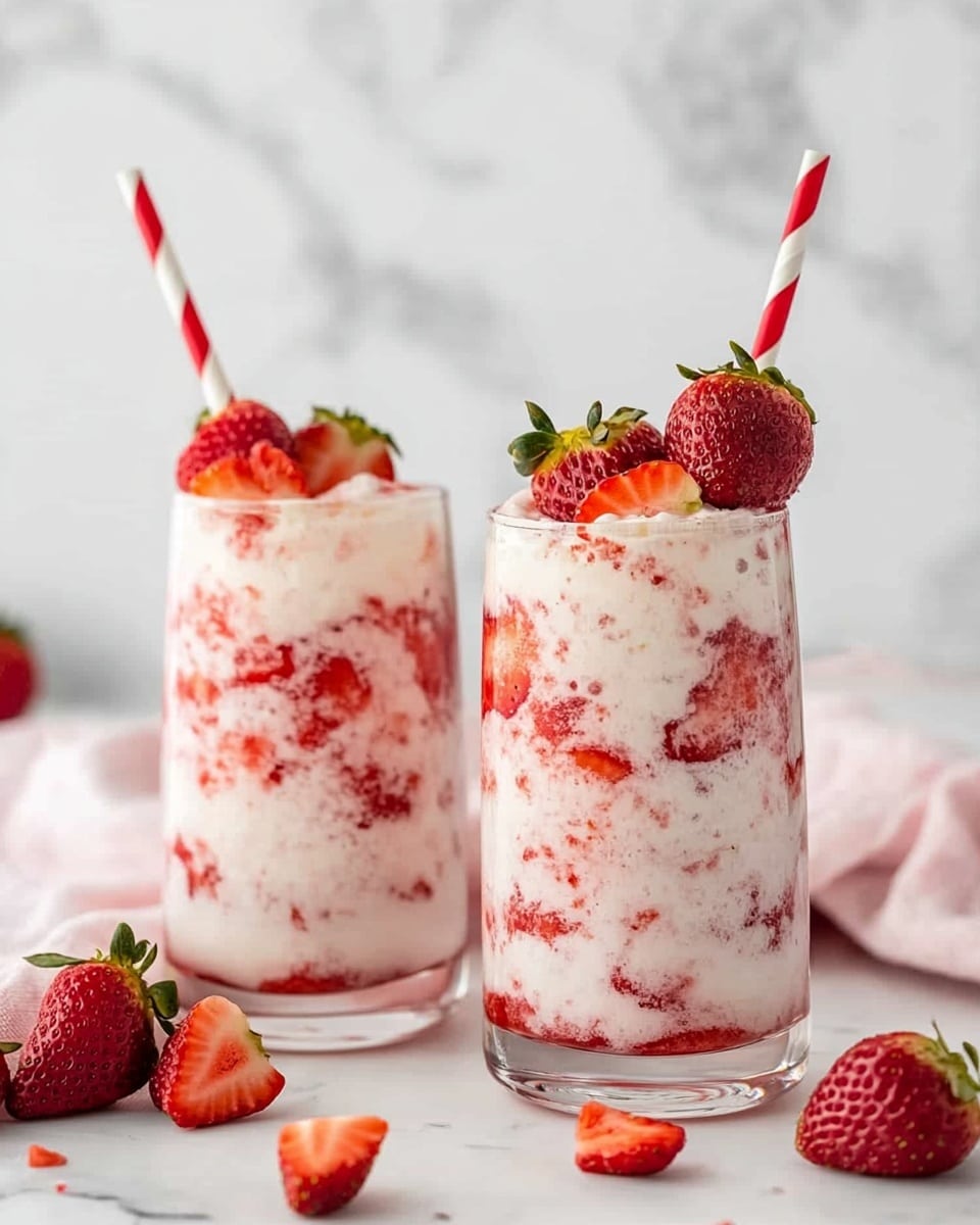 There are two tall clear glasses filled with a creamy white drink mixed with swirls and chunks of red strawberries inside, giving a marbled look. Each glass is topped with small chopped strawberry pieces and a whole fresh strawberry on the rim. Red and white striped paper straws stand in each glass. The glasses sit on a white marbled surface with a soft pink cloth and scattered fresh and sliced strawberries around. The background is a blurred white marbled wall. Photo taken with an iphone --ar 4:5 --v 6.1