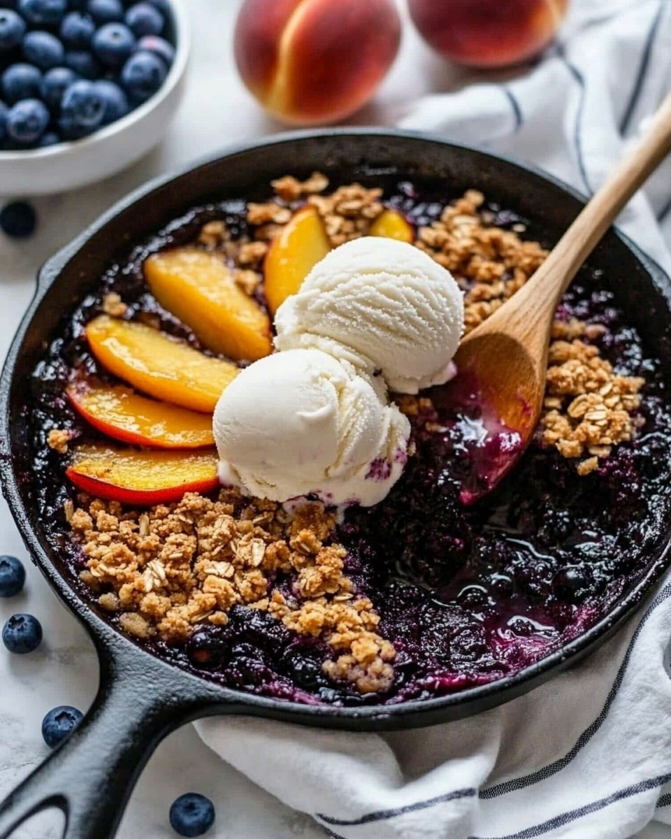 A black cast iron skillet filled with a fruit crumble dessert, featuring a deep purple-blue layer of cooked blueberries and peaches at the bottom, topped with a golden-brown crumbly oat layer that looks crispy and textured. Three large white scoops of vanilla ice cream sit on top, melting slightly and adding a creamy contrast. A wooden spoon lifts a portion from the skillet, showing the juicy peach and blueberry filling underneath the crumb topping. The skillet rests on a white marbled surface with a white cloth that has thin black stripes, surrounded by fresh peaches and a small white bowl full of blueberries. Photo taken with an iphone --ar 4:5 --v 6.1