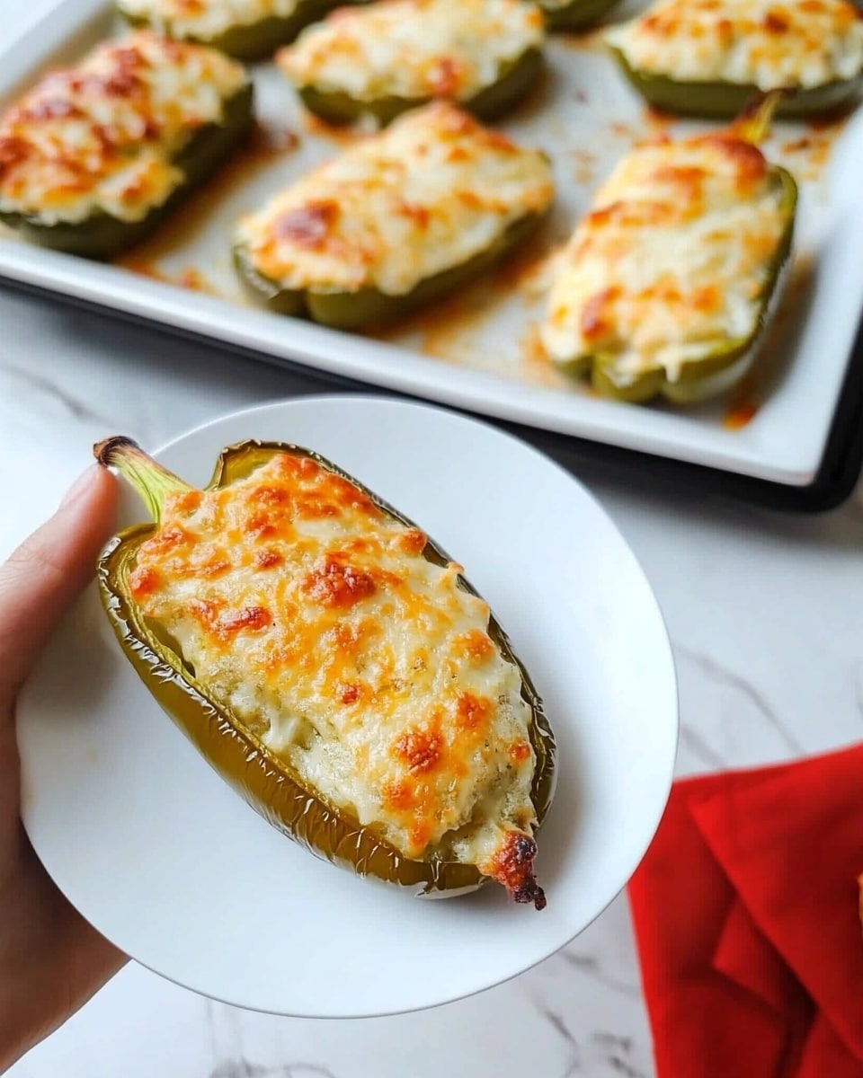 The image shows a white plate held by a woman's hand with a single stuffed, baked pepper on it. The pepper has a golden brown cheesy top layer with a slightly bubbly texture, and underneath is a light green pepper body. In the background, there is a white square plate with several similar baked peppers placed side by side on a white marbled surface. A smaller white plate with one pepper is partially visible near the bottom right with a red napkin underneath. The photo taken with an iphone --ar 4:5 --v 6.1