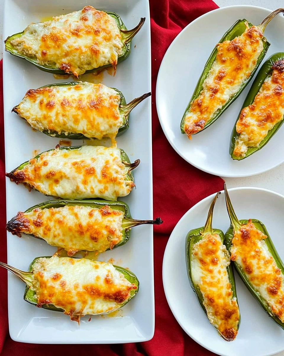 A white rectangular plate holds six stuffed chili peppers arranged in two rows. Each pepper is cut open lengthwise, filled with a creamy, light yellow cheese mixture that is browned and bubbly on top. The peppers have a shiny, slightly wrinkled green skin with some parts turning golden from baking. The plate is placed on a surface with a white marbled texture. Photo taken with an iphone --ar 4:5 --v 6.1
