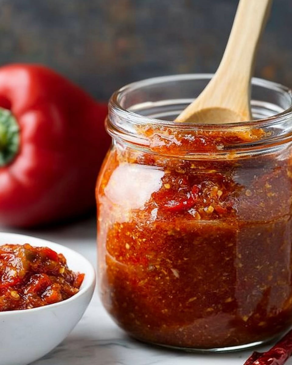A clear glass jar filled with thick, chunky red sauce full of herbs and seeds, with a wooden spoon sticking out from the top. In front of the jar is a small white bowl with a generous scoop of the same red sauce, textured with visible bits of pepper and seasoning. To the left of the bowl, there is a shiny red bell pepper lying on a white marbled surface, with a green stem attached. The background is rustic wood, giving a warm feeling. Photo taken with an iphone --ar 4:5 --v 6.1
