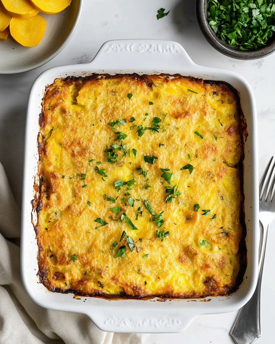 The image shows a square white baking dish filled with a golden baked casserole that has a slightly crispy browned top sprinkled with green herbs. The casserole surface has a textured mix of yellow and light brown colors with visible bits of vegetables inside. It sits on a white marbled surface and is surrounded by a white plate with a silver fork and spoon, a small bowl with green herbs, and a dark bowl holding sliced yellow squash. A beige cloth napkin is to the side, adding softness to the scene. photo taken with an iphone --ar 4:5 --v 6.1