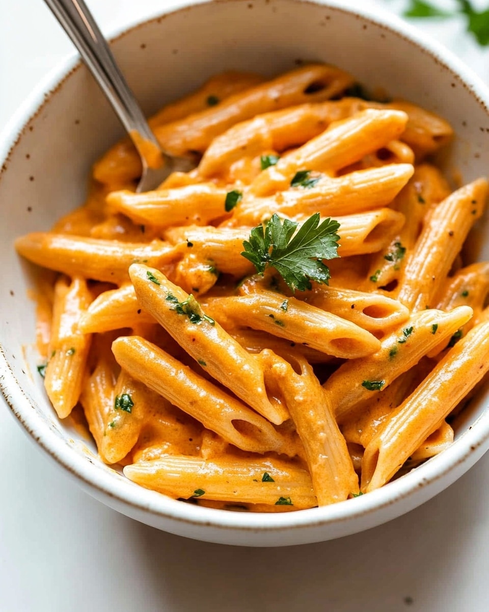 A white bowl filled with about three layers of penne pasta covered in a creamy orange sauce mixed evenly through the pasta. The pasta has small green herb pieces sprinkled throughout and a single parsley leaf placed on top as a garnish. The texture of the sauce looks smooth and shiny, slightly coating each pasta tube. A silver spoon is placed inside the bowl on the left side, partially mixed into the pasta. The bowl sits on a white marbled surface with some food specks around the rim. Photo taken with an iphone --ar 4:5 --v 6.1