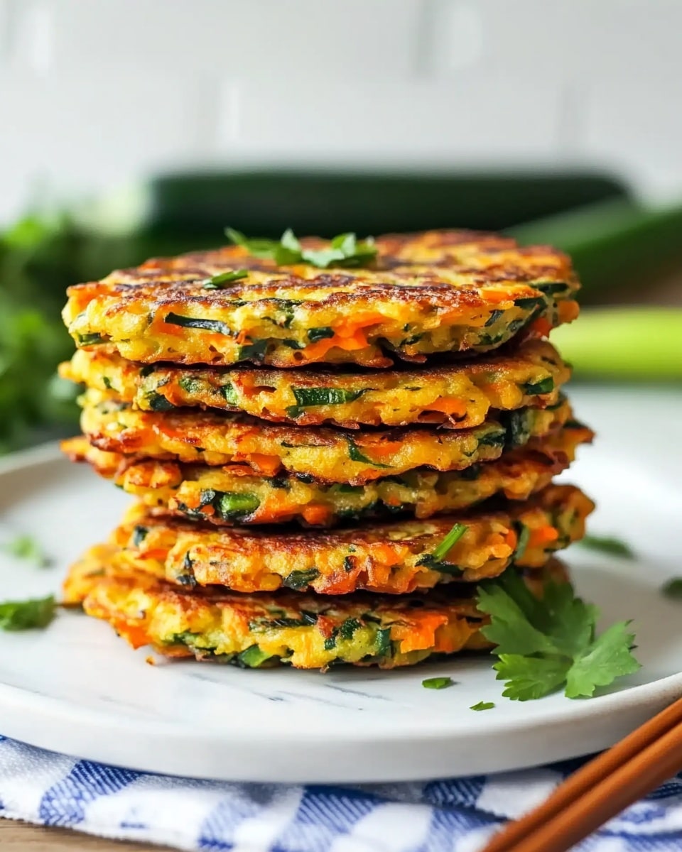 The image shows a white plate holding seven golden brown vegetable patties arranged in layered rows, with the top patties being the most visible. Each patty has a rough texture with small bits of green herbs and orange vegetable pieces spread inside, and they are garnished with fresh chopped green herbs on top. Next to the plate is a small clear glass bowl filled with white sour cream topped with some green herbs. The plate sits on a white marbled surface with a navy and white striped cloth partly under it. photo taken with an iphone --ar 4:5 --v 6.1