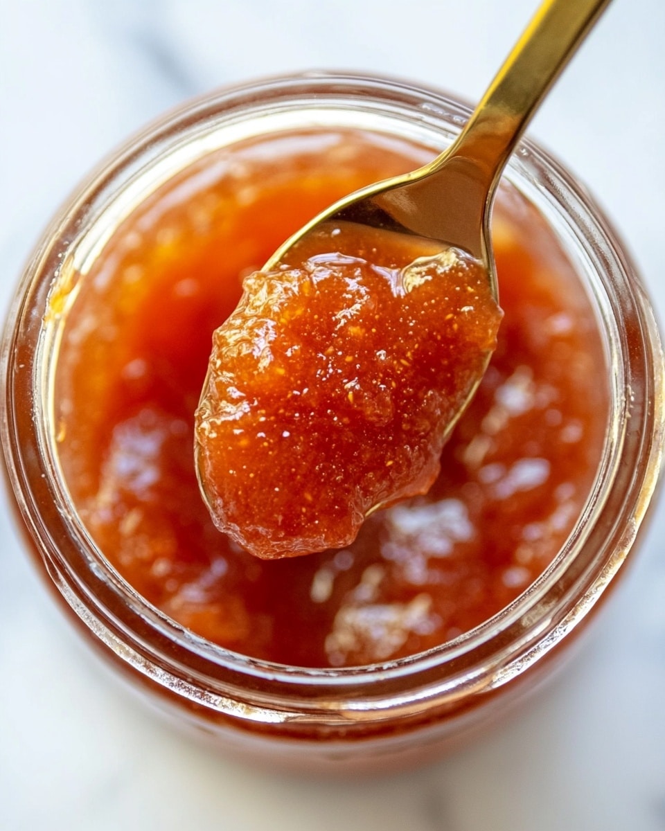 A close-up image shows three clear glass jars filled with a chunky, orange-red preserve with small pieces of peach visible inside. The jar in the center is prominently labeled