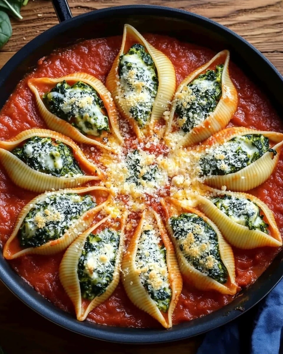 A white round dish filled with a layer of red tomato sauce at the bottom, topped with large yellow pasta shells arranged neatly. Each shell is stuffed with a creamy mixture of white and green, with melted light brown cheese on top that has a slightly bubbly texture. The dish sits on a white marbled surface. Photo taken with an iphone --ar 4:5 --v 6.1