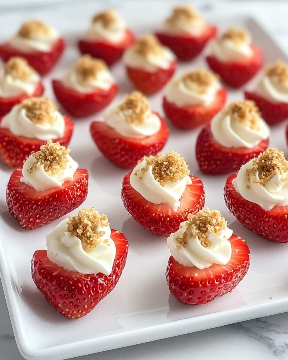The image shows a white rectangular plate placed on a white marbled surface, filled with many strawberry halves arranged in rows. Each strawberry half is bright red with a fresh, juicy texture and has a swirl of white cream on top, decorated with a small sprinkle of light brown crumbs. The cream is smooth and slightly textured, sitting neatly at the center of each strawberry half, making the colors and layers clear. photo taken with an iphone --ar 4:5 --v 6.1