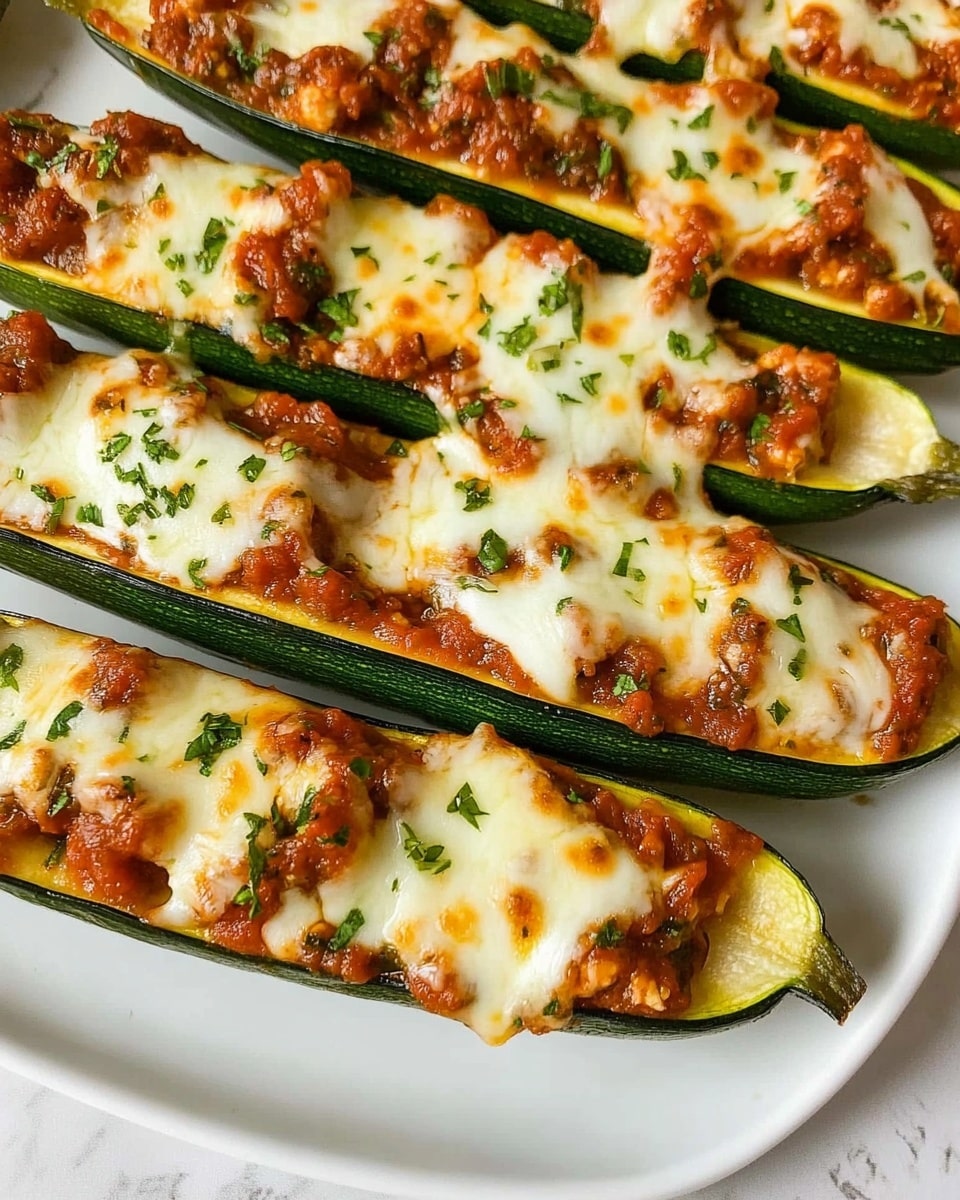 The image shows a white plate filled with several zucchini boats arranged in close rows. Each zucchini boat has three main layers: the base is bright green zucchini skin with a soft pale green inner flesh. The middle layer is a chunky, reddish-brown sauce spread unevenly over the zucchini flesh. The top layer is melted white cheese with a slightly browned texture in spots. Small bits of green herbs are sprinkled over the cheese, adding a fresh touch. The plate is set on a white marbled surface. photo taken with an iphone --ar 4:5 --v 6.1