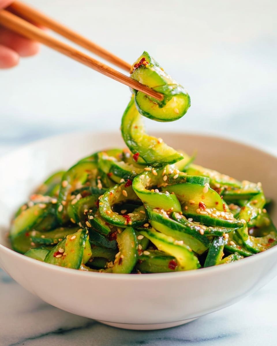 A white bowl filled with sliced cucumber pieces coated in a dark red sauce with visible sesame seeds and red pepper flakes, giving the cucumbers a shiny texture and a spicy look. The bowl rests on a white marbled surface with a light purple cloth partially visible on the left side and two whole cucumbers in the back. Two light brown chopsticks lie across the top edge of the bowl. The overall scene is bright and fresh. photo taken with an iphone --ar 4:5 --v 7