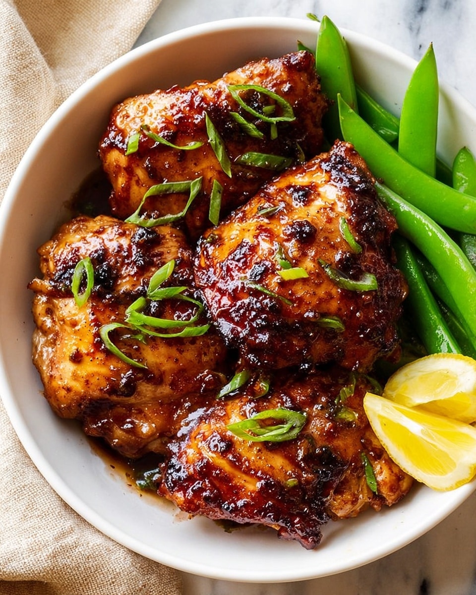 A white bowl holds five pieces of cooked chicken with a shiny, slightly dark brown glaze and some charred spots, garnished with small green onion pieces scattered on top. On the right side of the bowl, there are several green snap peas and a lemon wedge placed near the chicken. The background is a white marbled surface with a beige cloth slightly showing on the left side. The lighting highlights the juicy texture and glossiness of the chicken skin photo taken with an iphone --ar 4:5 --v 7