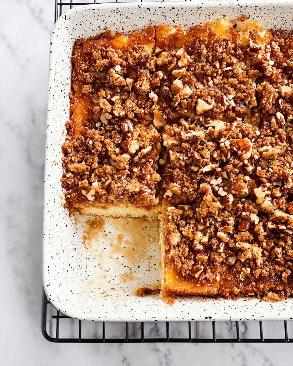 A white speckled baking dish holds a dessert with two visible layers. The bottom layer is a soft, light golden cake with a slightly moist texture, visible in a square piece taken out from the corner. The top layer is a thick, crumbly, and crunchy mix of chopped pecans and brown sugar, covering the whole dish evenly with a golden brown color and rough texture. The dish sits on a black cooling rack placed on a white marbled surface. Photo taken with an iphone --ar 4:5 --v 7