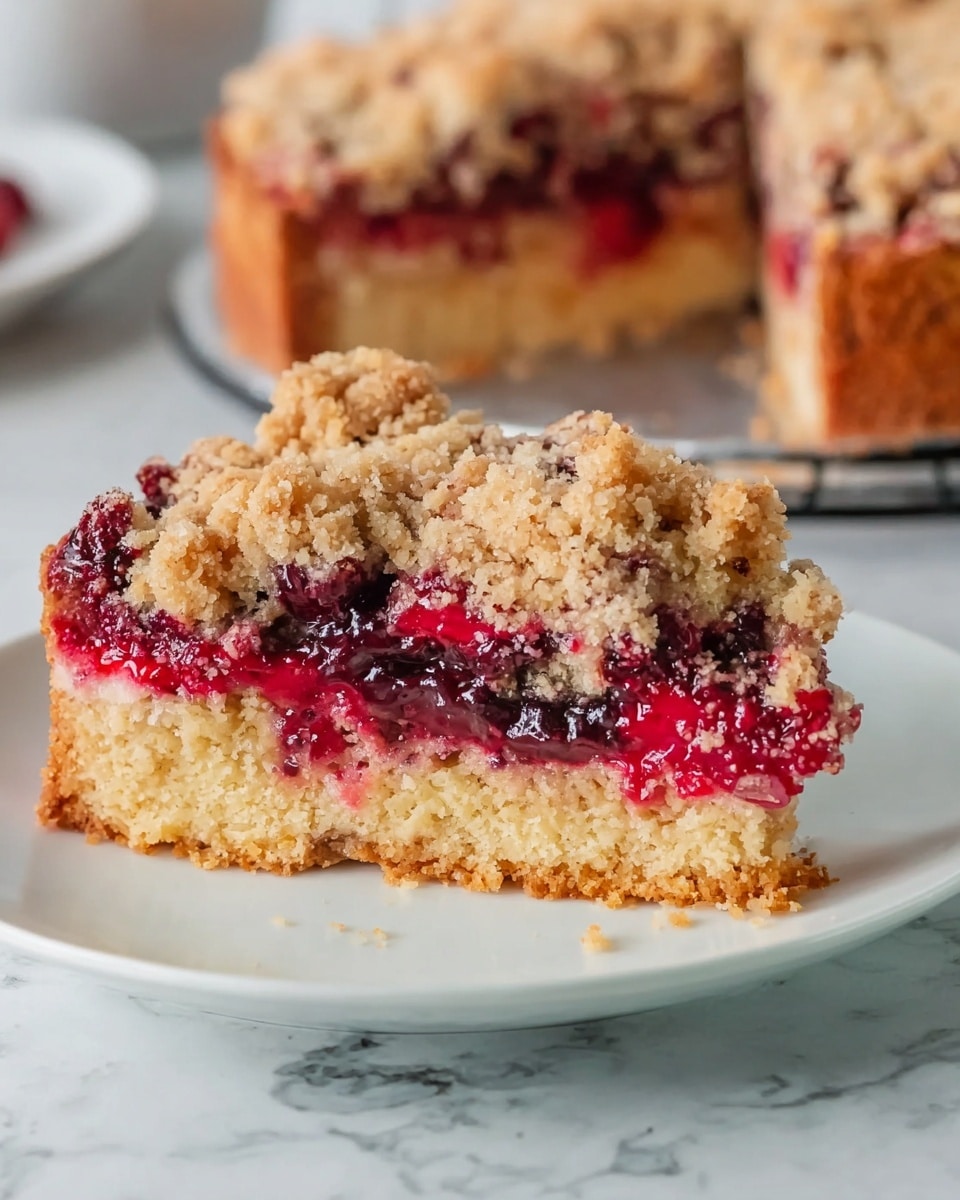 The image shows a slice of crumb cake on a white plate with two layers below it. The cake slice has three layers: the bottom layer is a dense golden cake base, the middle layer is a glossy mix of bright red and deep purple berries with a slightly liquid texture, and the top layer is a thick, rough crumb topping made of small and medium-sized beige crumbs. In the background, there is the rest of the crumb cake on a white plate, with a missing slice showing the same layers, all placed on a white marbled surface. Photo taken with an iphone --ar 4:5 --v 7