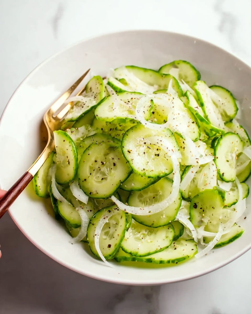 A white bowl filled with thinly sliced cucumbers with green edges in several layers, mixed with thin white onion slices, all sprinkled lightly with black pepper and herbs. The cucumber slices are fresh and shiny, giving a cool, crisp look. The bowl sits on a white marbled surface with bright, soft light highlighting the fresh green and white colors of the salad. photo taken with an iphone --ar 4:5 --v 7