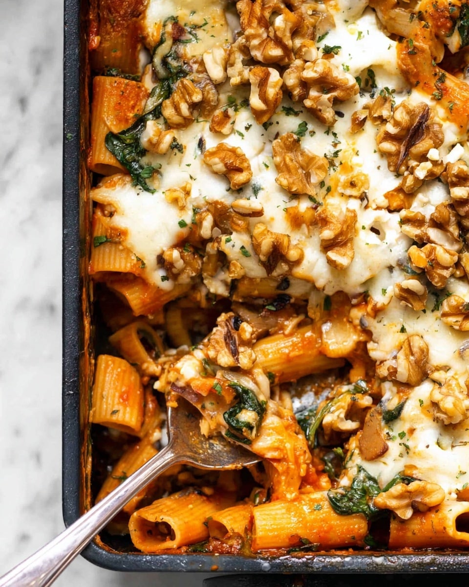 The image shows a close-up of baked pasta in a square black pan. The dish has two main layers visible: the bottom layer includes rigatoni pasta in an orange tomato sauce mixed with green herbs and spinach leaves, and scattered pieces of mushrooms. The top layer is melted white cheese spread unevenly with crunchy pieces of light brown walnuts on top. A silver spoon is partially inside the pan, touching the pasta. The background is a white marbled surface. Photo taken with an iphone --ar 4:5 --v 7