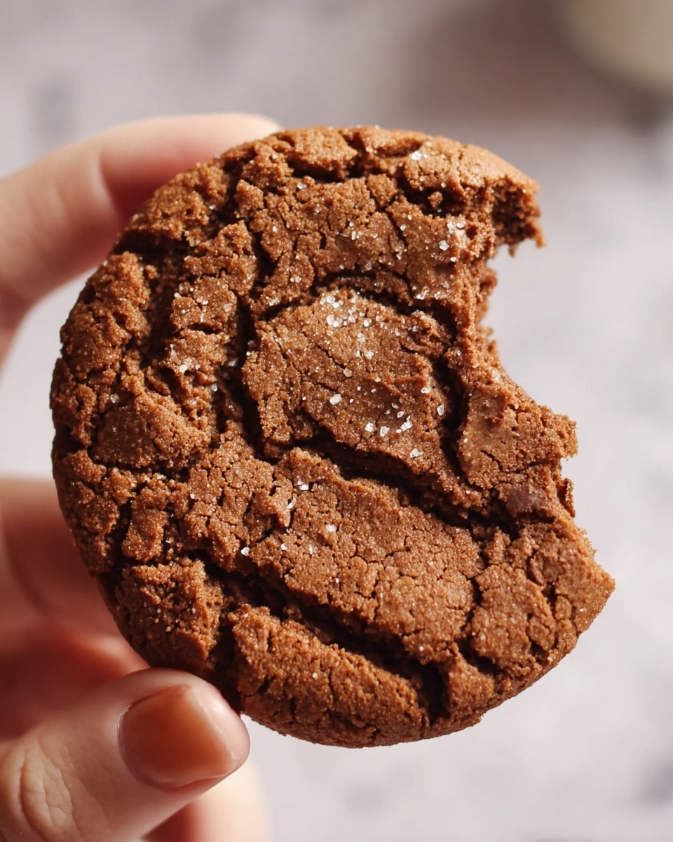 A close-up of a brown cookie with rough cracks and a soft texture, held by a woman's hand at the bottom edge, showing a bite taken out of the top right side. The background is blurred with a white marbled texture. Photo taken with an iphone --ar 4:5 --v 7