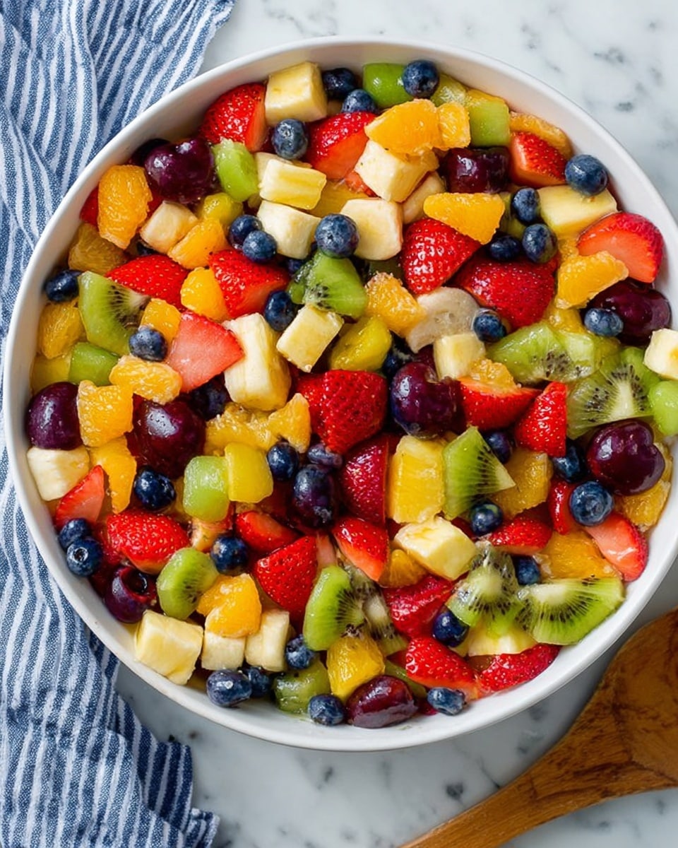 A large white bowl filled with a colorful fruit salad sits on a white marbled surface with a gray and white striped cloth nearby. The salad has many small pieces of fruit arranged in no special order, including bright red strawberries, deep blue blueberries, yellow pineapple chunks, green kiwi slices, light orange mandarin segments, light yellow banana pieces, and red grapes sliced in half. The fruits show different textures from soft and smooth to slightly bumpy. A wooden spatula lies at the bottom left of the image. photo taken with an iphone --ar 4:5 --v 7